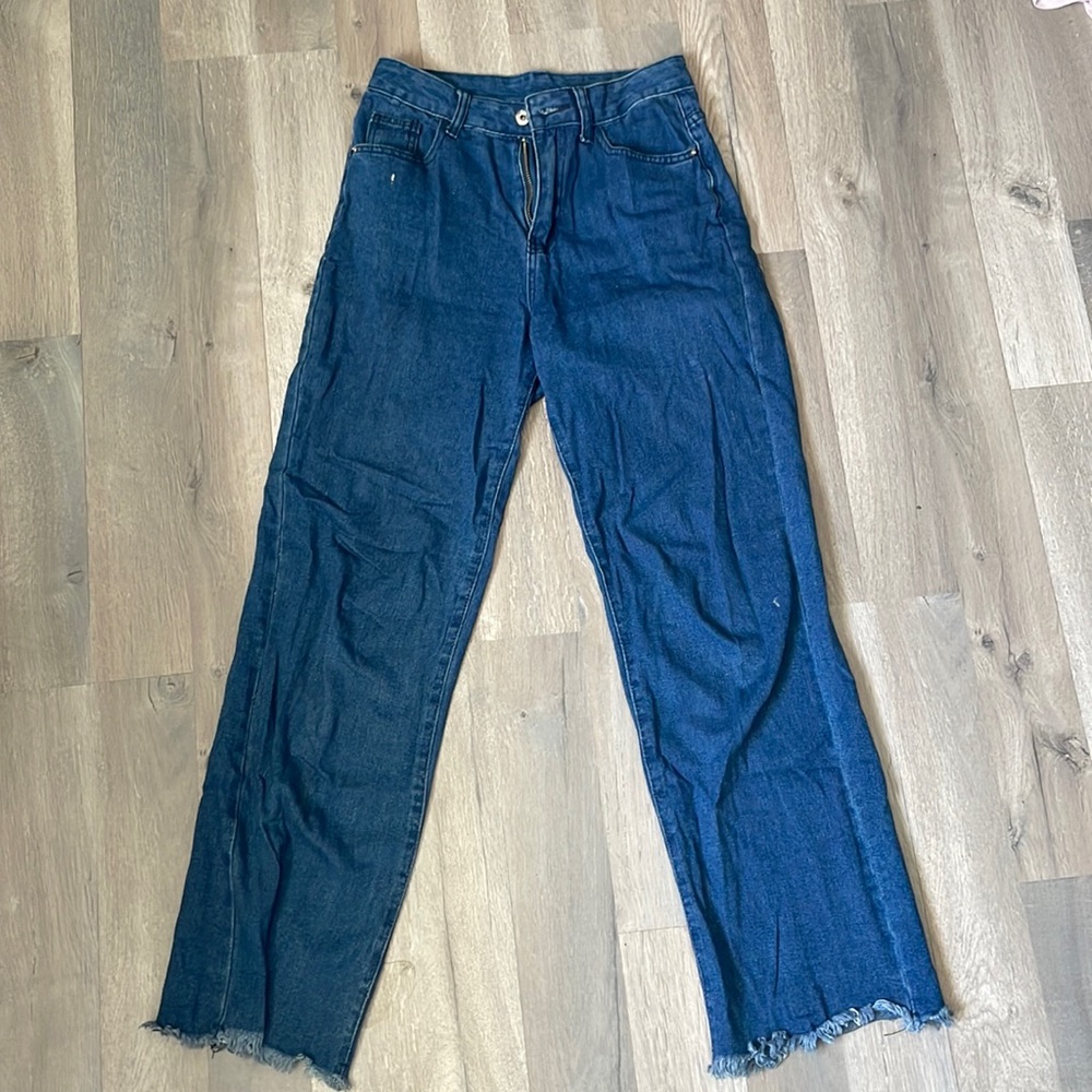 blue high waisted loose straight leg jeans